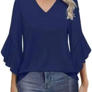 Eloquii Deep Blue Ruffle Sleeve Flowy Blouse 3624